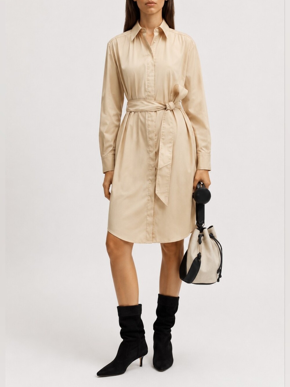 BOSS Hugo Boss Orange Beige Shirt Dress Button Front Belted Long Sleeve Size 0